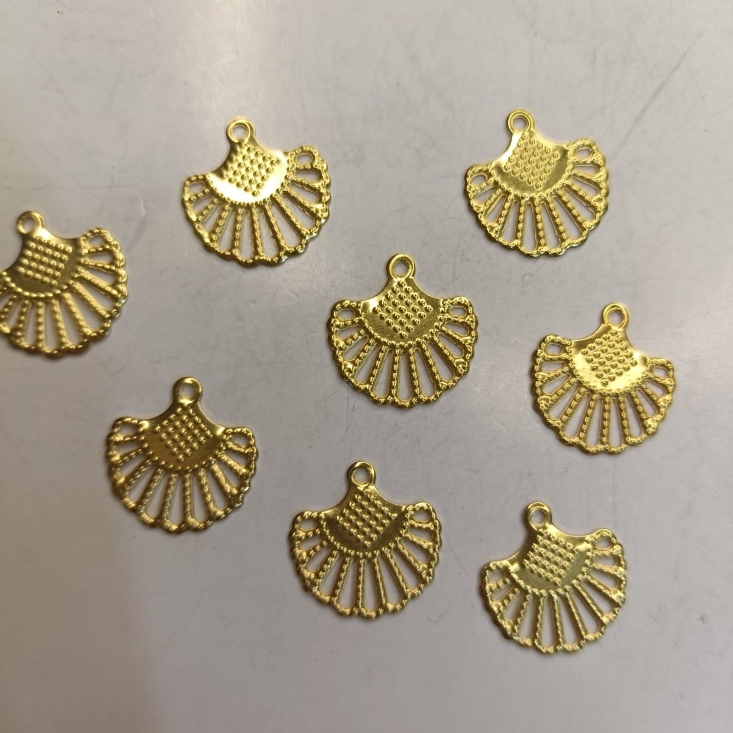 Gold Metal Fan Shaped Charms – Scalloped Filigree Leaf Pendants