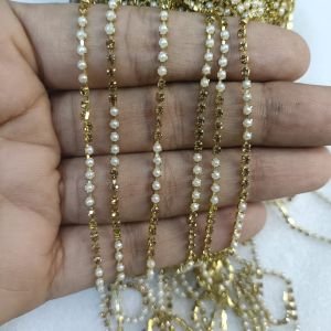 Gold Rhinestone & Pearl Cup Chain for Jewelry Making – Alternating Golden Crystal Stone & Pearl Border Trim Lace