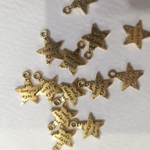 Antique Gold Mini Engraved Star Charms – "I Love You" Message Celestial Pendants with Hanging Loop