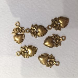 Antique Gold Mini Floral Heart Charms – 3D Heart with Flower Blossom Pendants & Top Hanging Loop