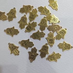 Antique Gold Mini Hamsa Hand of Fatima Charms – Evil Eye Palm Pendants with Hanging Loop