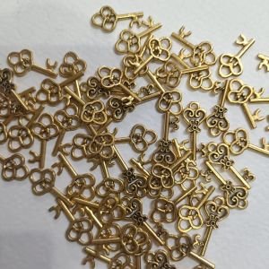Antique Gold Mini Skeleton Key Charms – Vintage Heart Filigree Key Pendants with Top Hanging Loop