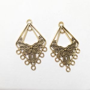 Antique Gold Geometric Rhombus Earring Bases – Hollow Diamond Filigree Chandelier Connectors with 7 Bottom Loops & Inner Suspension Loop