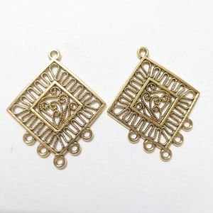 Antique Gold Geometric Rhombus Earring Bases – Square Diamond Filigree Connectors with 5 Bottom Loops