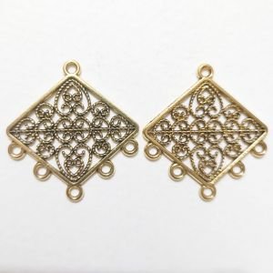 Antique Gold Geometric Rhombus Earring Bases – Hollow Diamond Filigree Chandelier Connectors with Multi-Loop Fringe