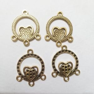 Antique Gold Heart Hoop Earring Bases – Textured Circle Chandelier Connectors with 3 Bottom Loops