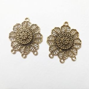 Antique Gold Sunflower Filigree Earring Bases – Layered 3D Mandala Floral Connectors with 3 Bottom Loops