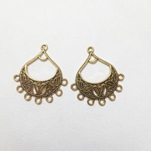 Antique Gold Teardrop Chandbali Earring Bases – Filigree Hollow Chandelier Connectors with 7 Bottom Loops & Top Bridge Eyelet