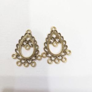 Antique Gold Teardrop Chandelier Earring Bases – Hollow Filigree Connectors with 5 Bottom Loops & Inner Center Eyelet
