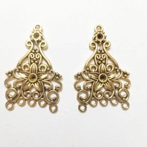 Antique Gold Triangular Chandelier Earring Bases – Floral Filigree Jali Connectors with 7 Bottom Loops & Stone Bezel Tops